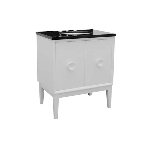 Stora 31 in. W x 22 in. D Bath Vanity in White with Granite Vanity Top in Black with White Oval Basin