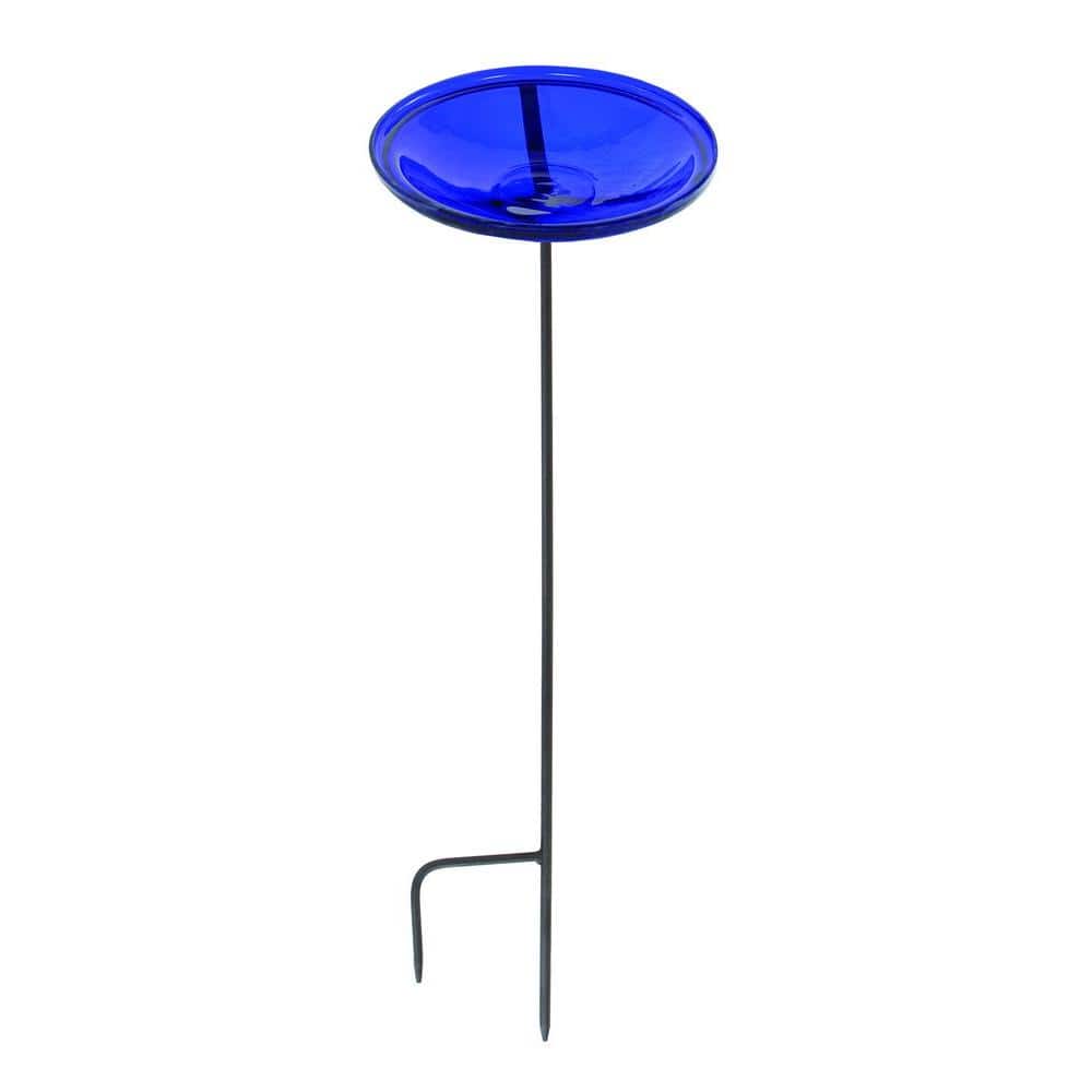 Cobalt Blue Hand Blown Glass Birdbath with Iron Stake