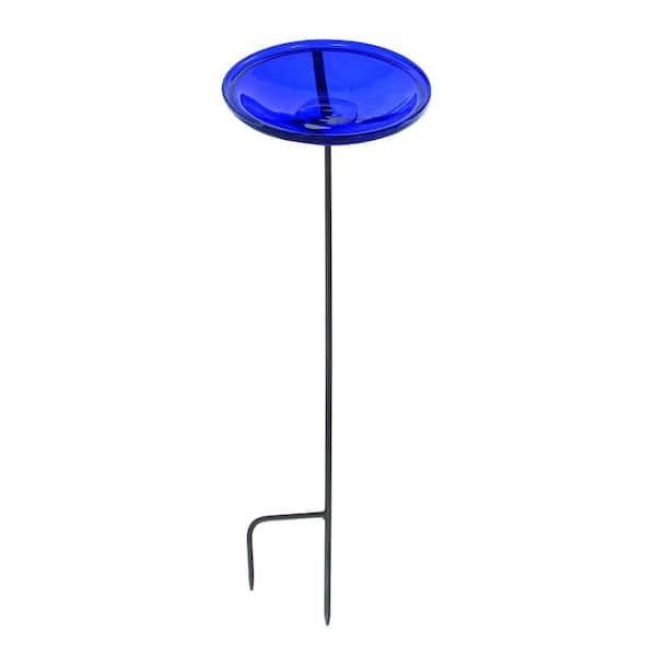 ACHLA DESIGNS 14 in. Dia Cobalt Blue Reflective Crackle Glass Birdbath Bowl with Stake