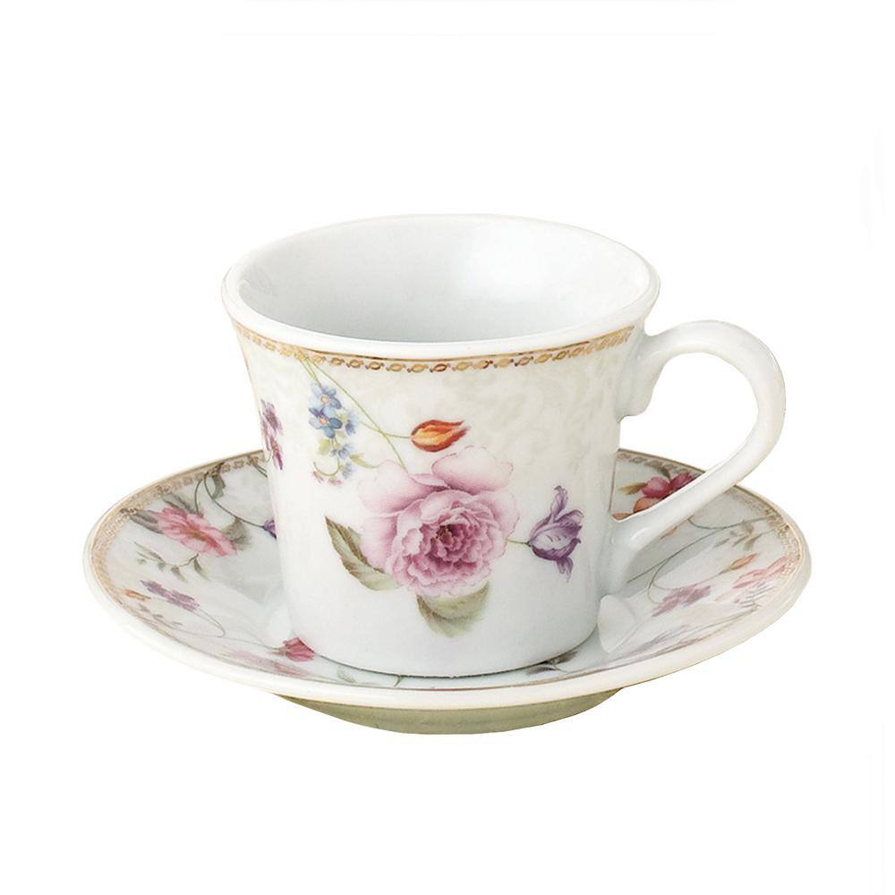 Floral Ceramic Espresso Cups with Saucers and Stand, 13-Piece Set
