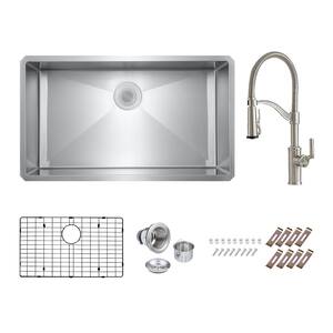 Bryn 16-Gauge Stainless Steel 30 in. Single Bowl Undermount Kitchen Sink with Farmhouse Faucet, Bottom Grid, Drain