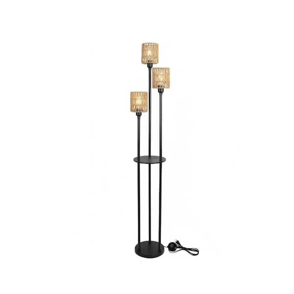 Jushua 66.1 in. 3-Light Brown Farmhouse Tree Floor Lamp with On/Off Foot Switch, Rustic Standing Lamp with Rattan Shades