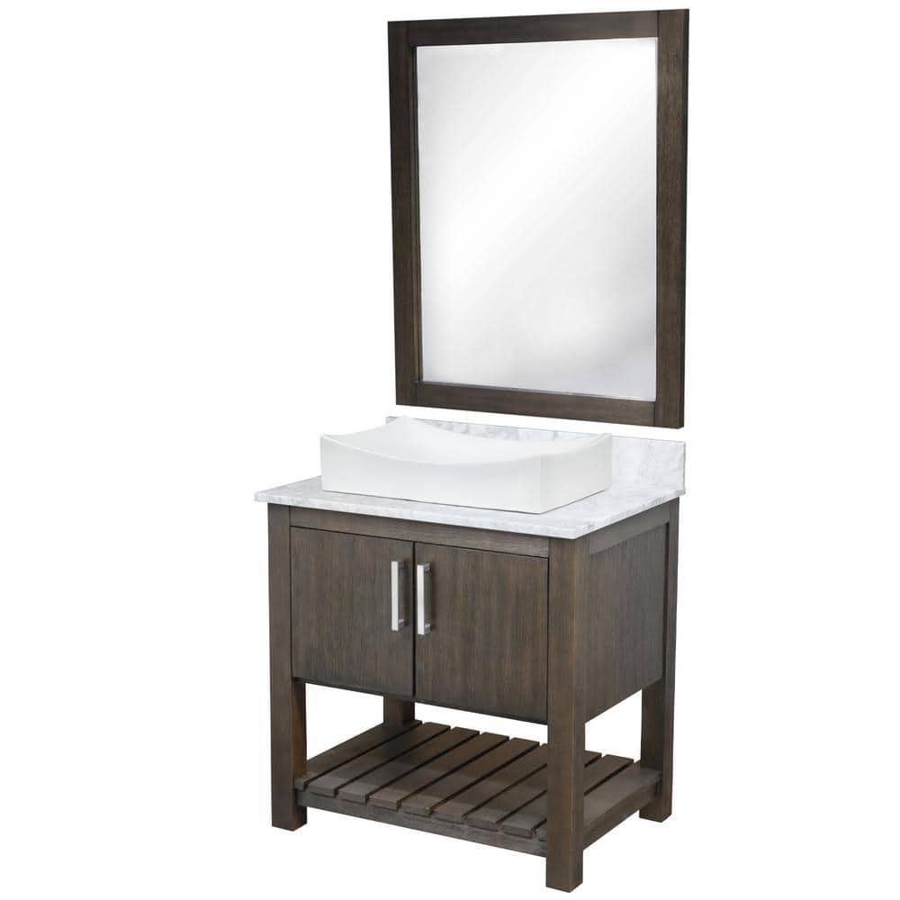 Ocean Breeze 31 in. W x 22 in. D x 31 in. H One White Porcelain Sink BN Bath Vanity in Cafe with Carrara Marble +Mirror price history on PriceWatchPro
