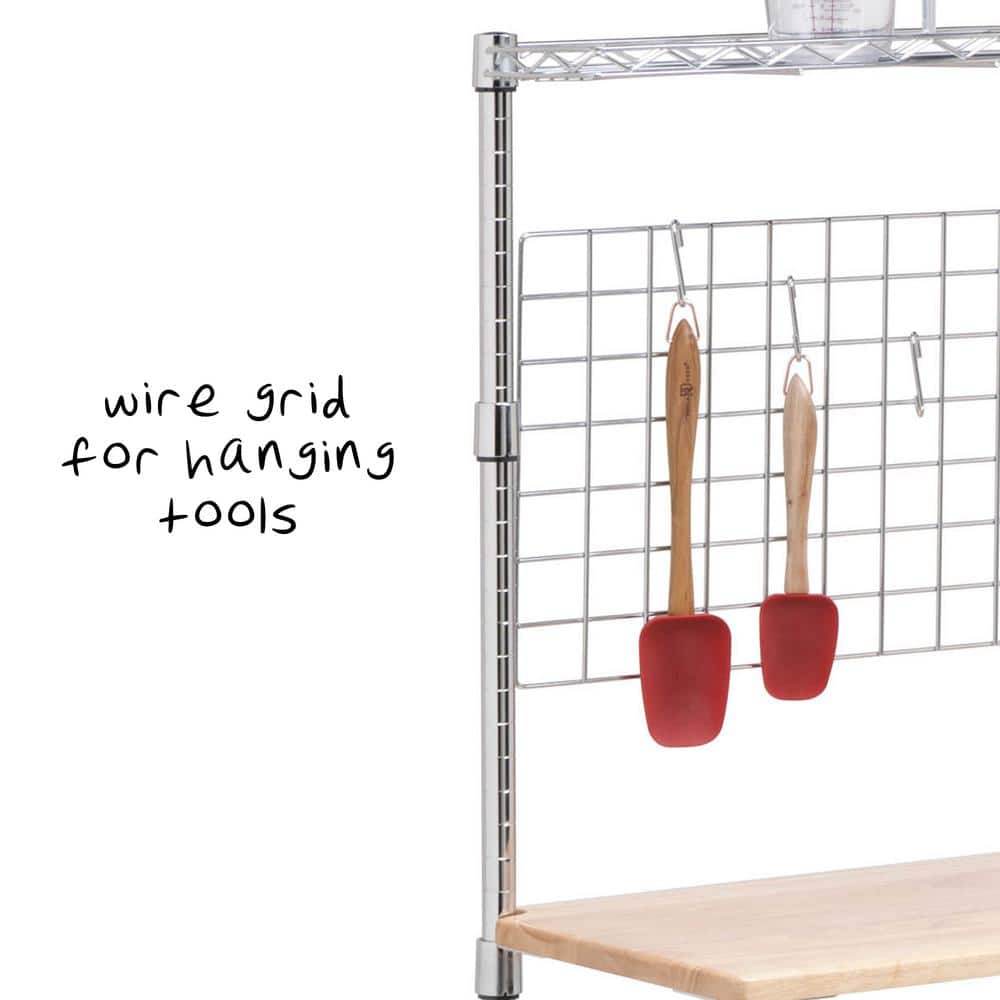 Elegant Silver 4-Shelf Adjustable Baker's Rack with Maple Cutting Board