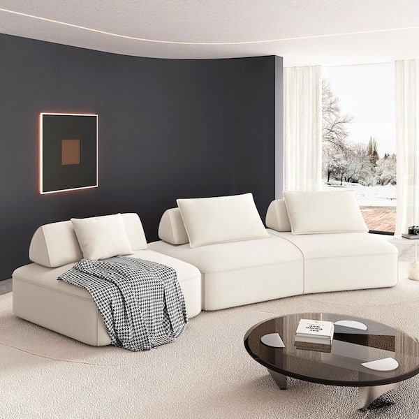 Free-Combined 139 in. Chenille Upholstered Modular Sectional Sofa in Beige with Removable Backrests and Soft Pillows