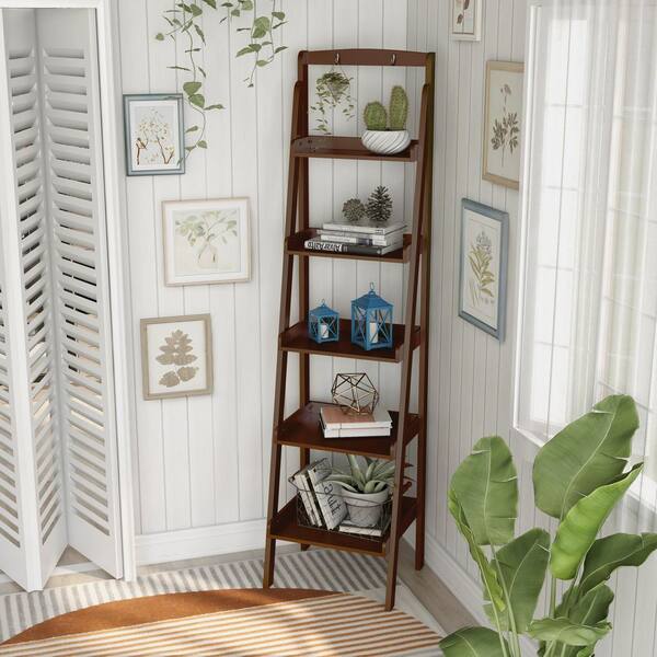 Lavish Home 5-Tier Ladder Bookshelf- Leaning Decorative Shelves for  Display, Walnut