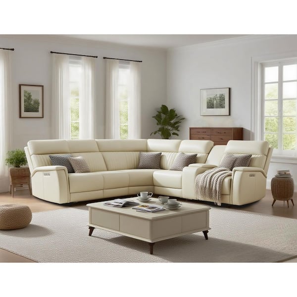 Ellesophas Cole 105 in. L-Shaped Leather Power Recliner Sectional Sofa with Ajustable Headrest, 1 Power Armlesschair in. Cream