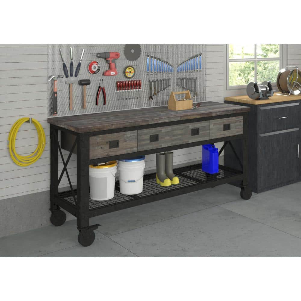 Industrial Aged Espresso 72" 3-Drawer Mobile Workbench with Solid Wood Top