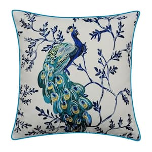 Turquoise Peacock Print with Embroidery Indoor/Outdoor 20 x 20 Decorative Throw Pillow