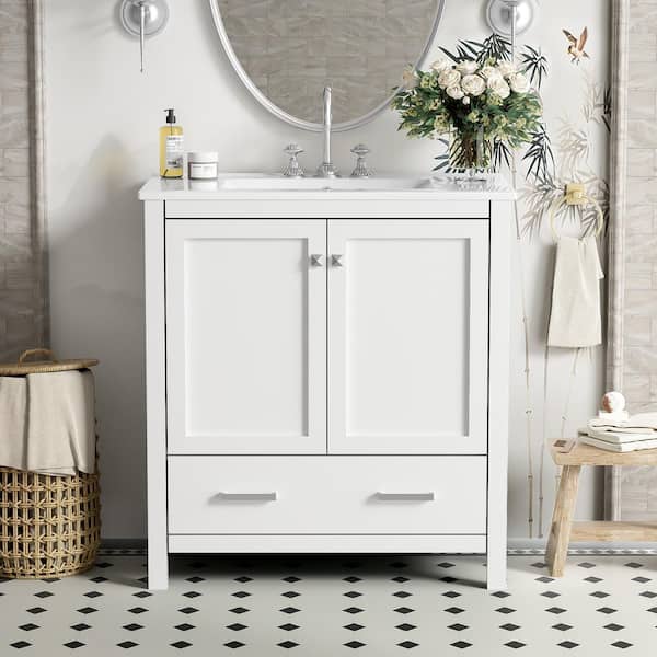 30 in. W x 18.3 in. D x 34 in. H Single Sink Freestanding Bath Vanity in White with White Ceramic Top
