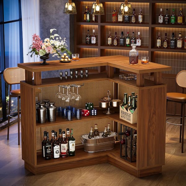 Kearsten Brown L-Shaped 43.3 in. W Home Bar Unit, Rattan Liquor Bar Table with Storage Shelves and Stemware Holder