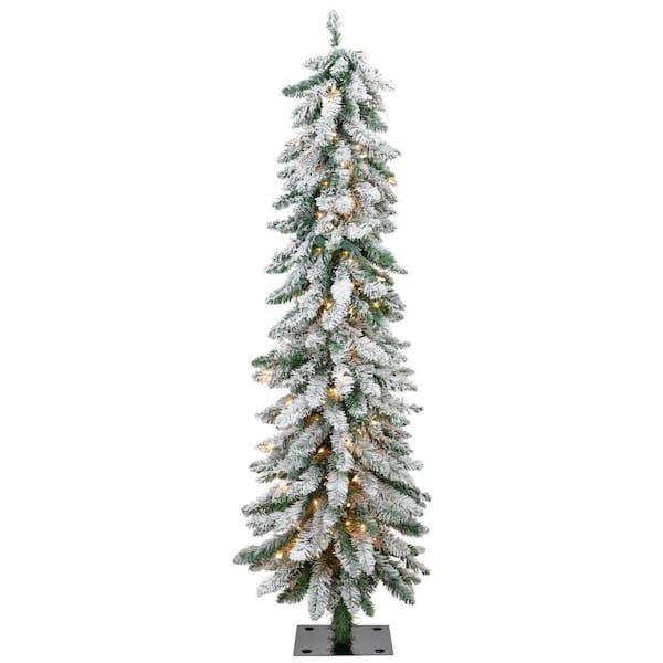 Pre-Lit Pencil Flocked Alpine Artificial Christmas Tree-5'-Clear Lights