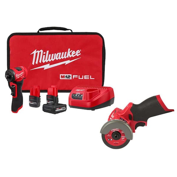M12 FUEL 12V Lithium-Ion Brushless Cordless 1/4 in. Right Angle Die Grinder Kit w/ Cut Off Saw, Batteries, Charger & Bag