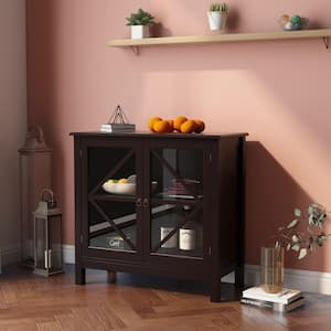 Brown Accent Buffet Sideboard Storage Cabinet with Double Glass Doors