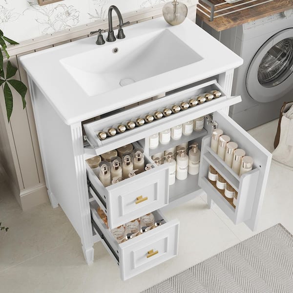 30 in. Freestanding Bathroom Vanity with White Ceramic Top, Hidden Drawer and Storage Cabinet in. White