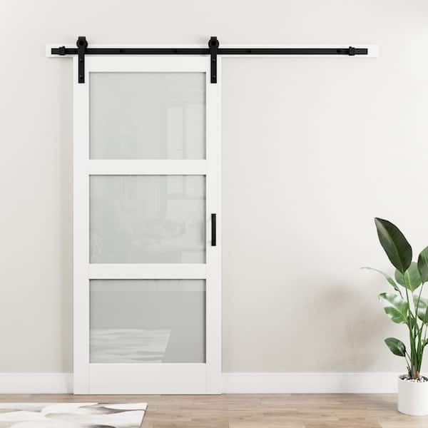 36 in. x 84 in. 3 Lite Tempered Frosted Glass White Finished Composite MDF Sliding Barn Door Slab with Hardware Kit