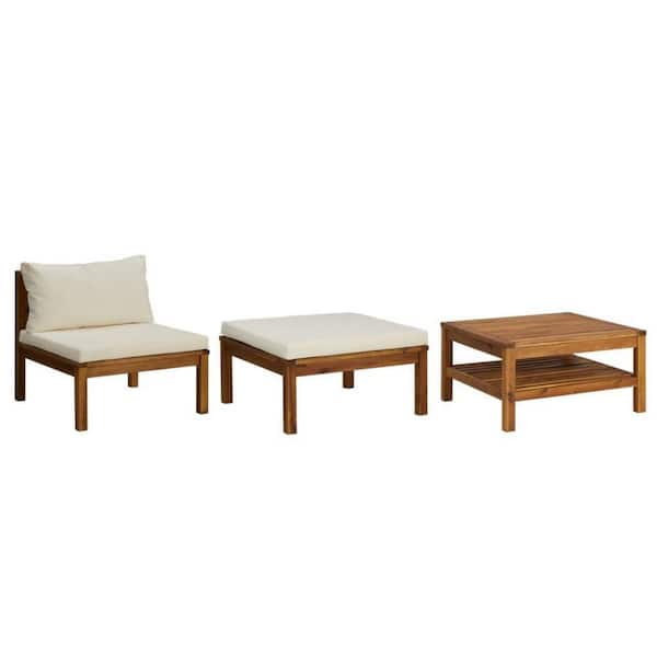 3-Piece Acacia Wood Outdoor Patio Conversation Set with Coffee Table and Ottoman in White Cushion