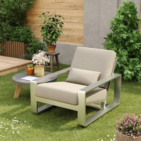 CHRISTOPHER KNIGHT HOME Aureth Silver Aluminum Outdoor Patio Lounge Chair with Beige Cushions and Lumbar Pillow