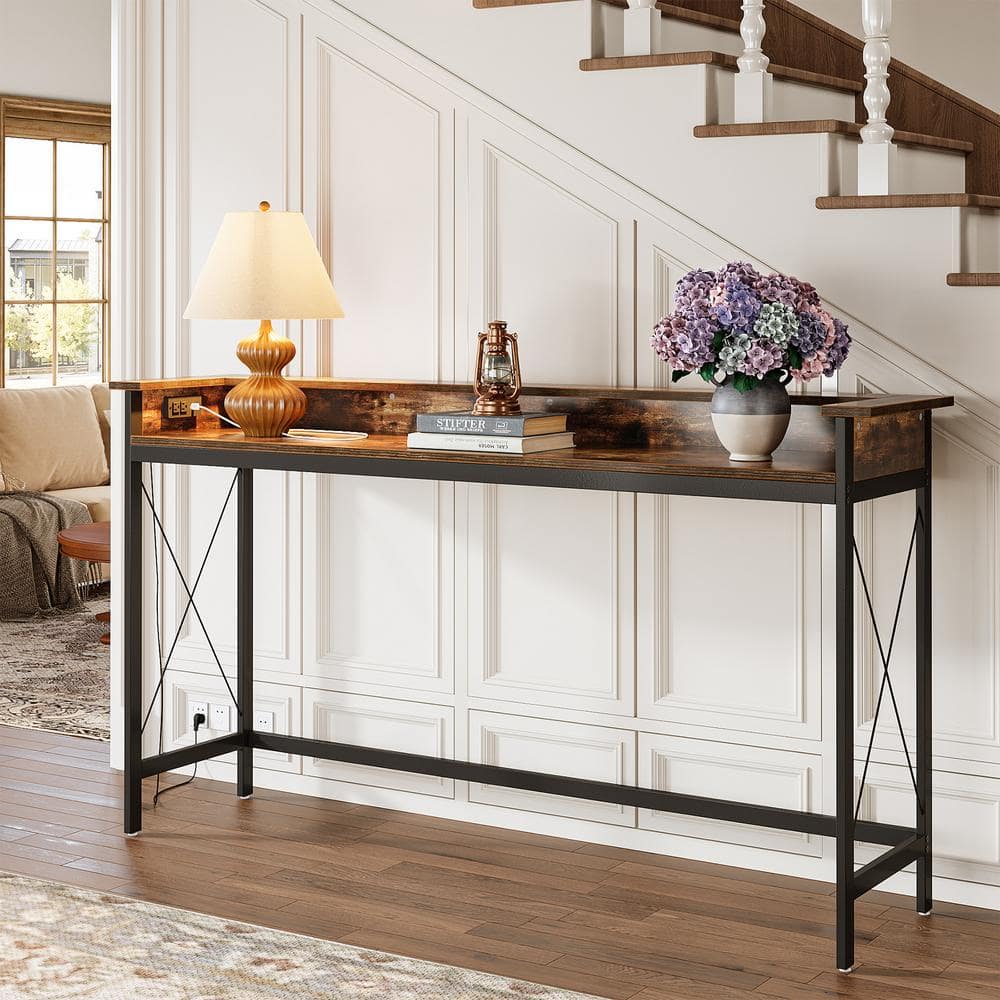 Brown Wood and Metal Console Table with Charging Ports, 70.9 inch