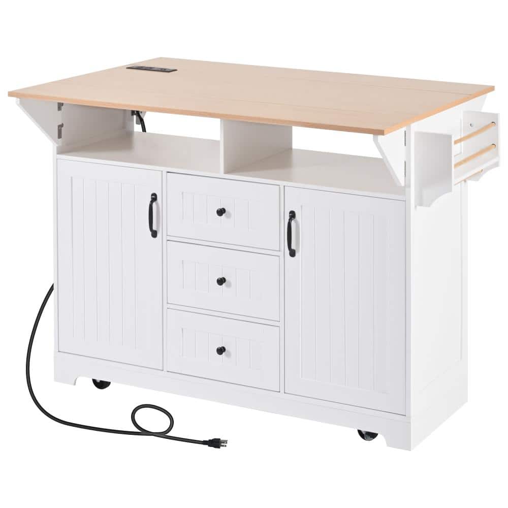 White MDF Kitchen Cart with Power Outlet,2 Drop Leaf,Spice Rack,Towel Rack and 3 Drawer
