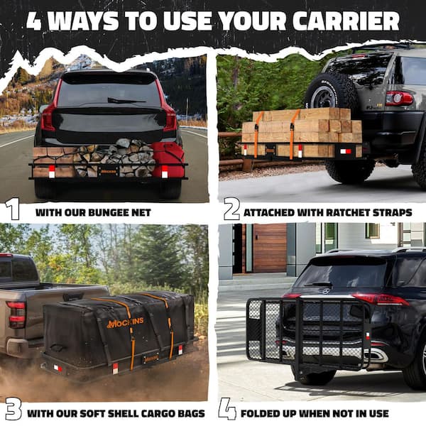 Mockins 60 in. x 24 in. x 6 in. Rustproof Cargo Carrier Hitch Mount 500 lbs. Cap Cargo Basket with Foldable Hitch Armand Net