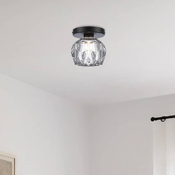 Sequoia 5 in. 1-Light Black Modern Semi Flush Mount Ceiling Light Fixture with Clear Glass Shade
