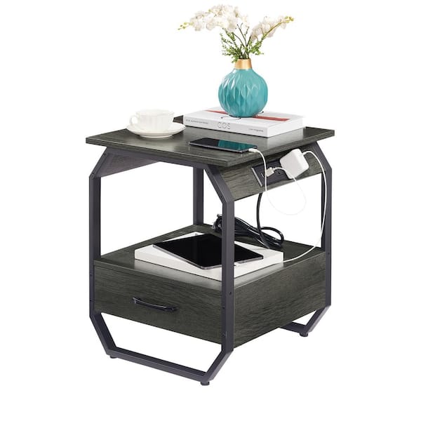 Unbranded Industrial 17.3 in. Dark Grey Octagon 1-Drawer Wood End Table with Charging Station USB Ports and Open Storage Shelves
