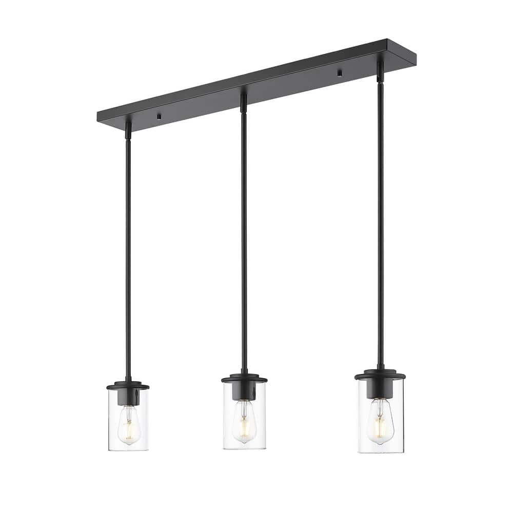 Thayer 34 in. 3-Light Matte Black Shaded Pendant Light with Clear Glass Sha