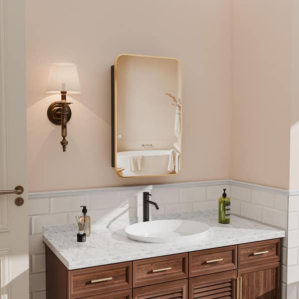 16 in. W x 26 in. H Recessed Rectangular Metal Framed Bathroom Medicine Cabinets with Mirror in Brushed Gold