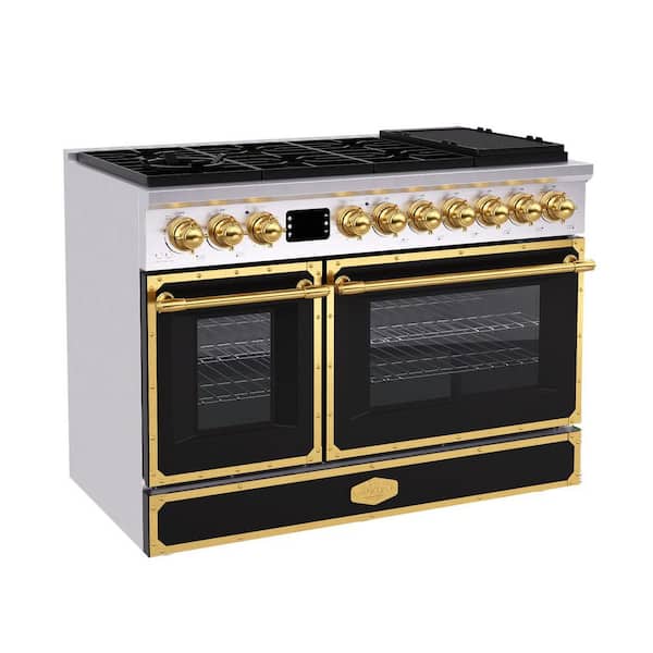 48 in. Freestanding Gas Range with 8 Burners, Double Convection Oven and Griddle, in Black with Gold