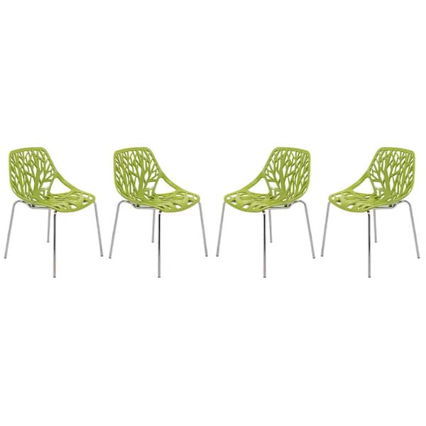 Leisuremod Asbury Modern Stackable Dining Chair With Chromed Metal Legs Set of 4 in Green