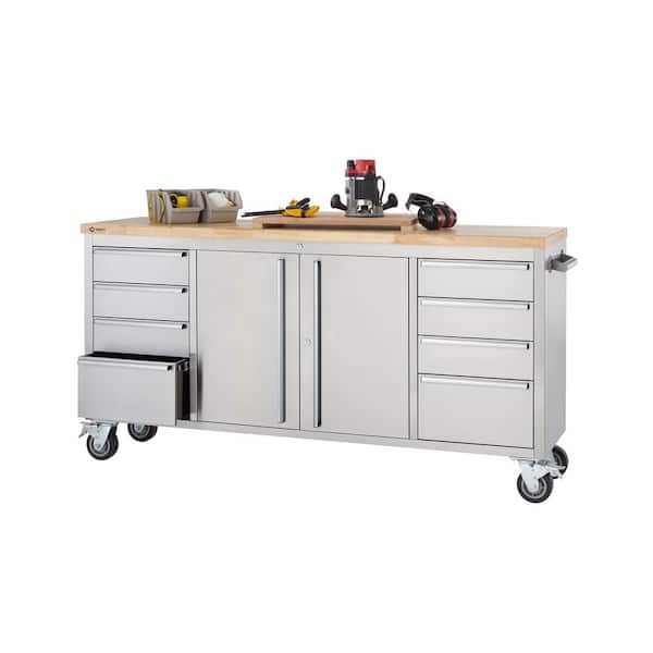 72 in. W x 19 in. D 8-Drawer Stainless-Steel Corner Rolling Mobile Workbench