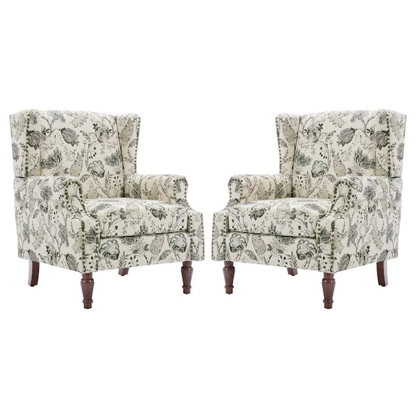 Uixe Plants Beige Linen Upholstered High Back Accent Armchair with Nail Head Trim (Set of 2)