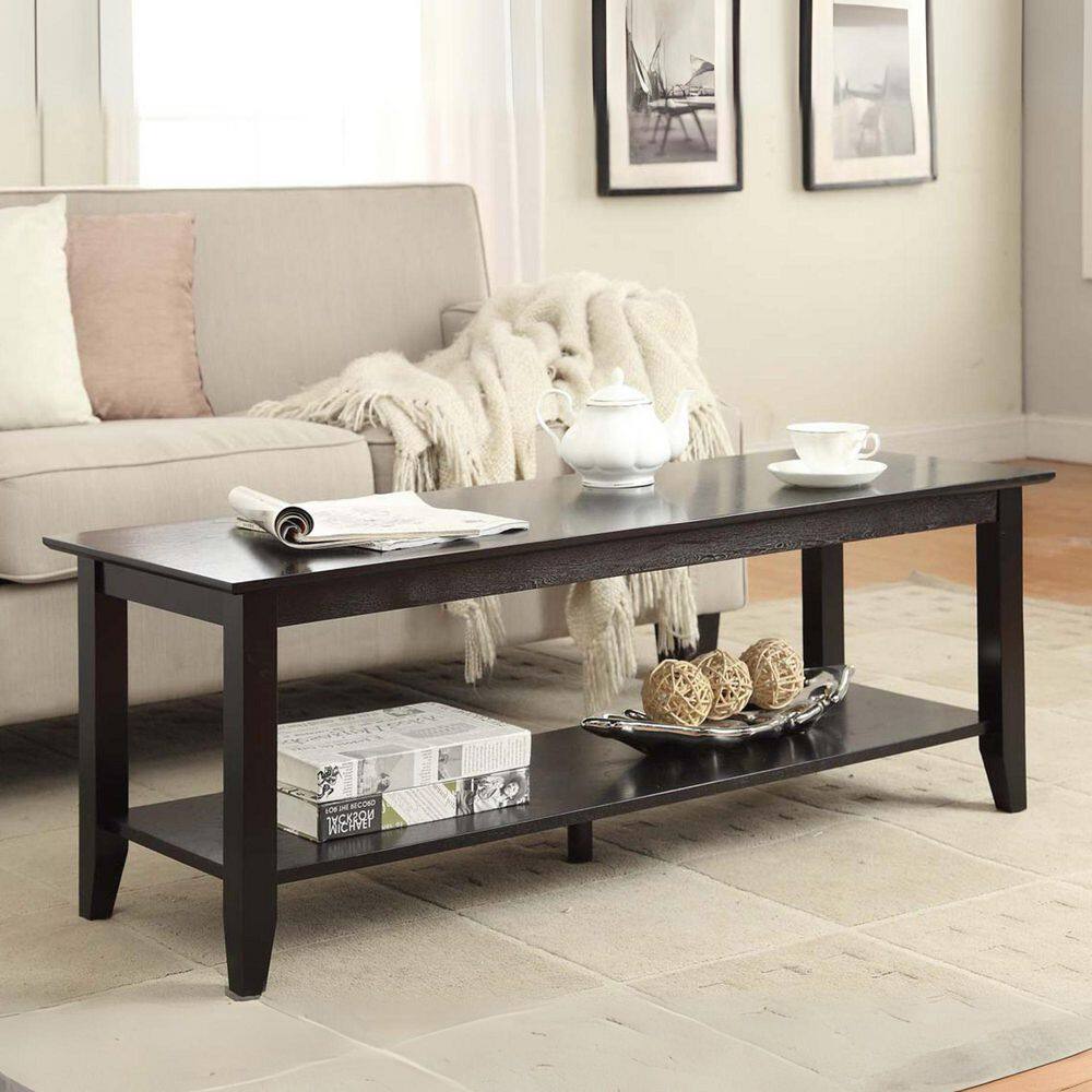 48" Black Rectangular Wood Coffee Table with Storage Shelf