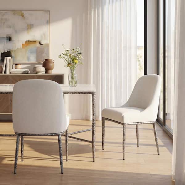 Lolita Modern Beige Fabric Upholstered Dining Chairs with Forged Pewter Metal Legs, (Set of 2)