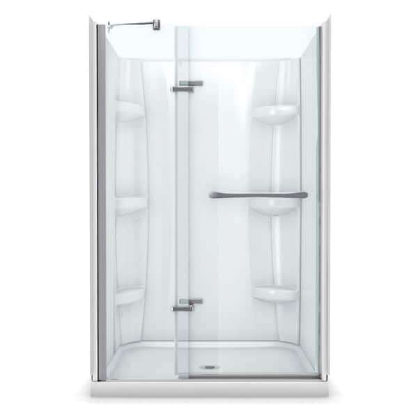 MAAX Reveal 36 in. x 48 in. x 76.5 in. Center Drain Alcove Shower Kit in White with Frameless Pivot Shower Door in Chrome