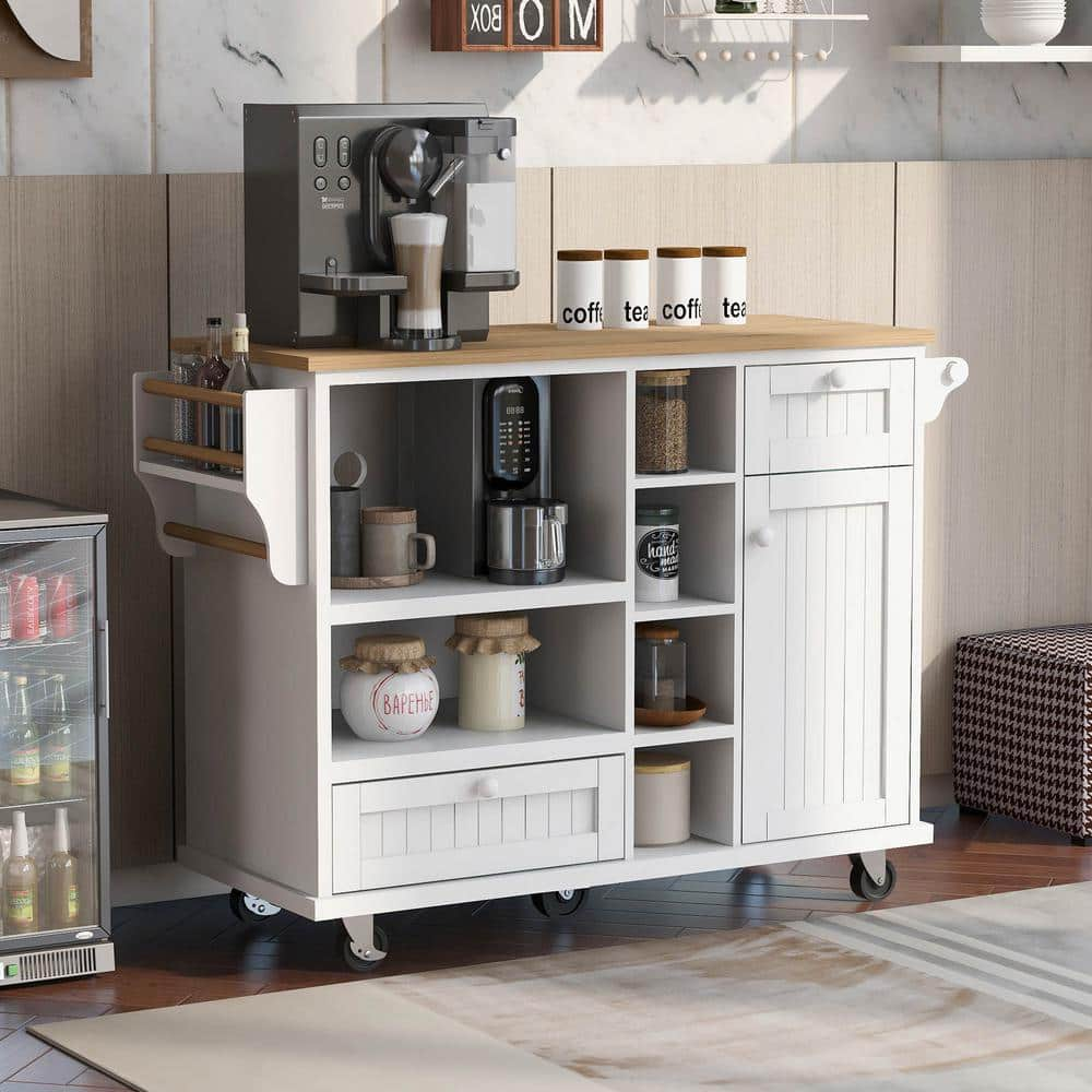 Kitchen Cupboard Table with Drawers and Cabinets, Wood Convertible Storage  Cabinet Table with Spice Rack, Handle, Caster and Extensible Table Top for