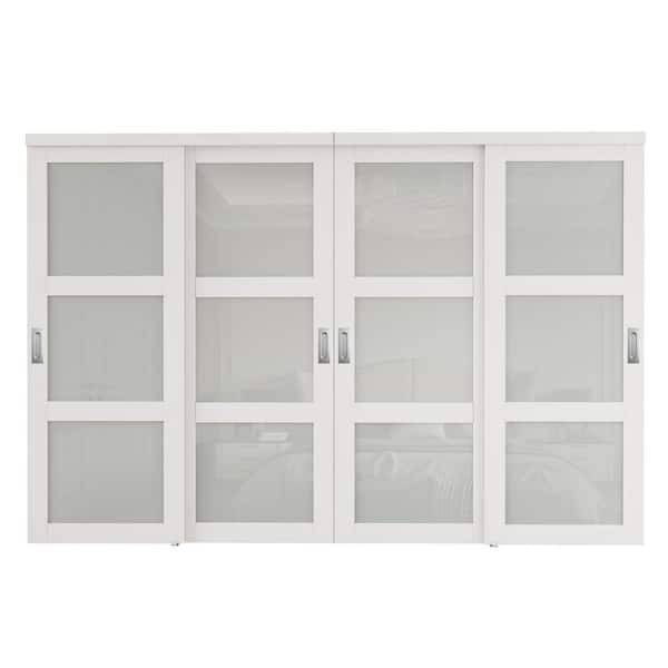 ARK DESIGN 120 in. x 80 in. 3-Lite Frosted Glass White Finished MDF Interior Closet Sliding Door with Hardware and Sliver Handles