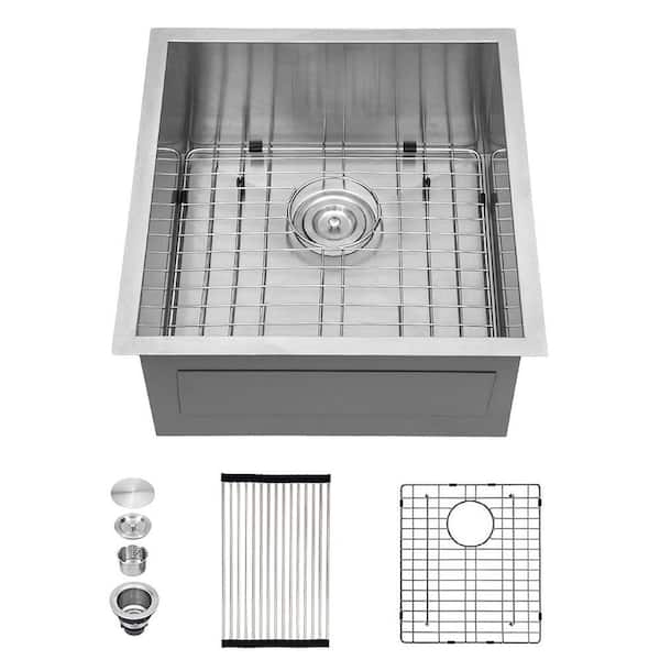 19 in. Undermount Single Bowl 16-Gauge Brushed Nickel Stainless Steel Kitchen Sink with Bottom Grids