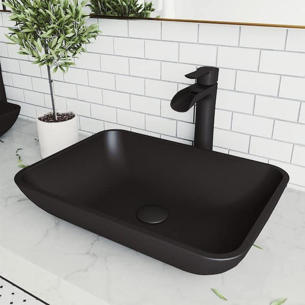 VIGO Matte Shell Sottile Glass Rectangular Vessel Bathroom Sink in