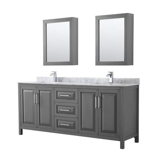 Wyndham Collection Daria 80 in. Double Bathroom Vanity in Dark Gray with Marble Vanity Top in Carrara White and Medicine Cabinets