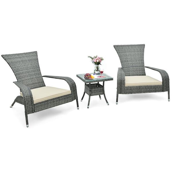 HONEY JOY 3-Piece Wicker Patio Conversation Set Ergonomic Adirondack Oversized Rattan Chairs with Coffee Table Beige Cushion