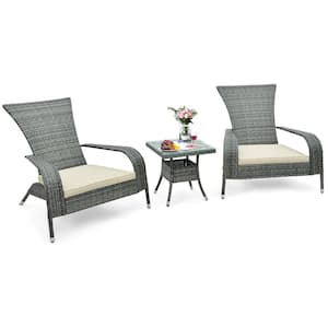 3-Piece Wicker Patio Conversation Set Ergonomic Adirondack Oversized Rattan Chairs with Coffee Table Beige Cushion