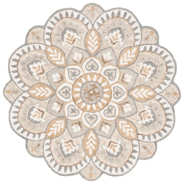 Novelty 5 ft. x 5 ft. Ivory/Beige Floral Flower Round Rug