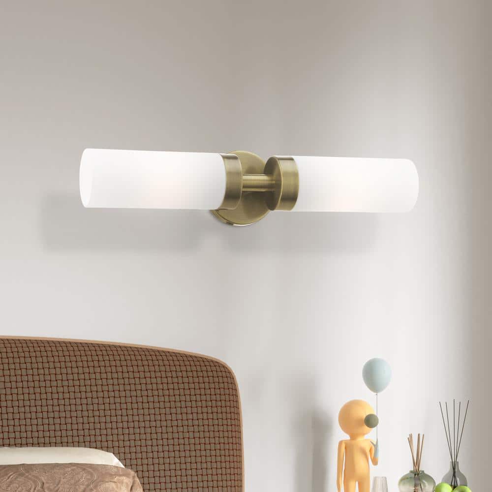 Aero Antique Brass 2-Light Vanity with Satin Opal White Glass