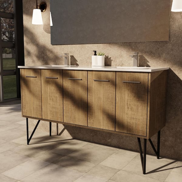 Lancy 60 in W x 20 in D Rustic Acacia Double Bath Vanity, White Quartz Top, Gun Metal Faucet Set and 55 in Mirror