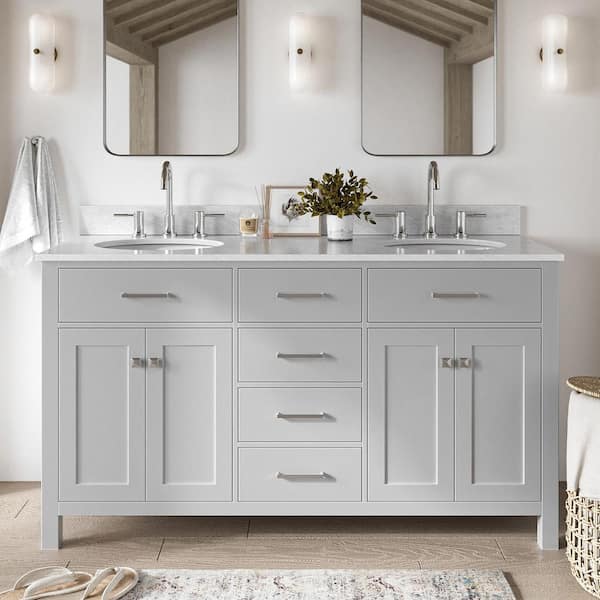 ARIEL Bristol 61 in. W x 22 in. D x 35.25 in. H Double Freestanding Bath Vanity in Grey with White Marble Top