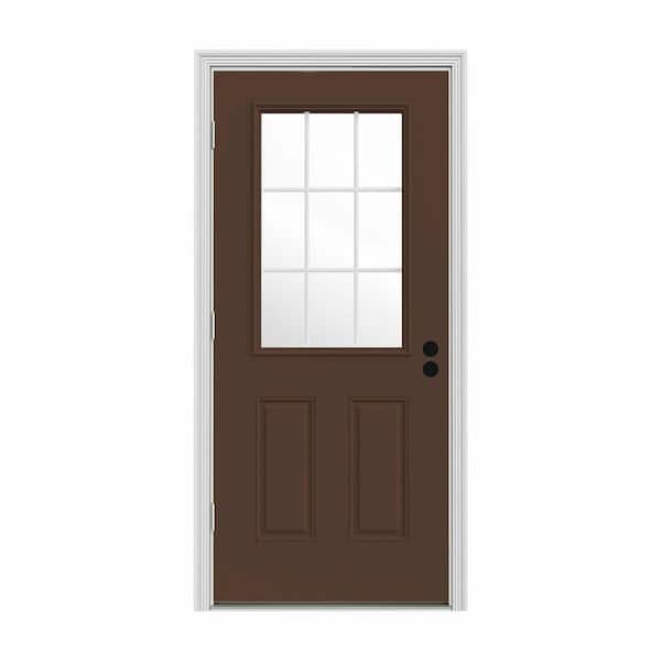 JELD-WEN 30 in. x 80 in. 9 Lite Dark Chocolate Painted Steel Prehung Right-Hand Outswing Entry Door w/Brickmould