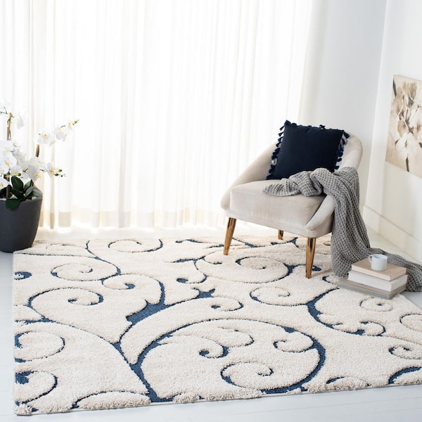Florida Shag 11 ft. x 11 ft. Square Cream/Blue High-Low Floral Area Rug