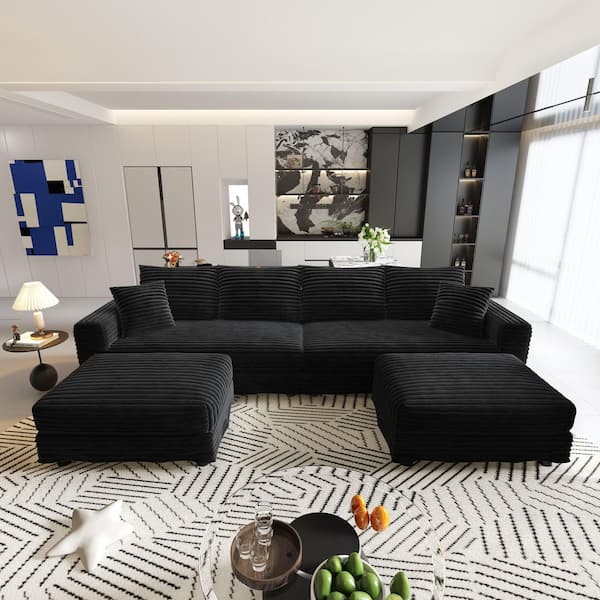 Free Combined 102.4 in. Corduroy Sectional Sofa in Black with 2 Movable Ottomans, 2 Pillows, Transform to Lounge Chair